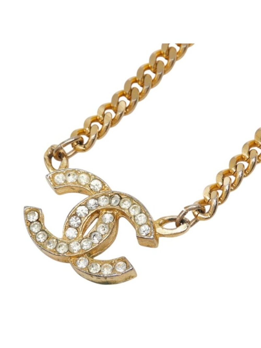 Chanel CC Logo Chain Necklace Gold Plated Rhinestone